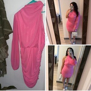 Hello Molly One-Shoulder Ruched Pink Mini Dress